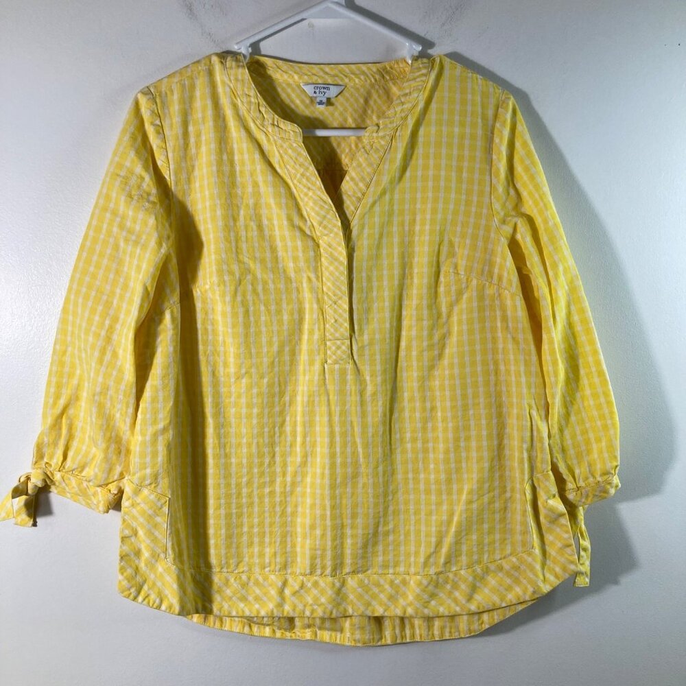 Womens Crown & Ivy V Neck Gingham 1/2‎ Button Pullover Shirt M Yellow White